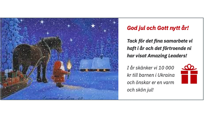 Julbild med en tomte och en häst